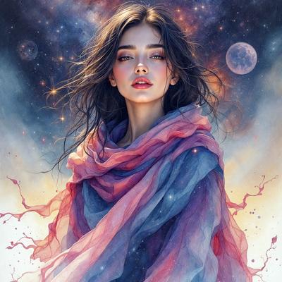 The primary subject of the image is a woman with long hair, wearing a pink and blue scarf. She is standing in front of a backdrop of stars, which creates a celestial and serene atmosphere. The visual style of the image is a digital art or illustration, with the woman's features and the starry background being the main focus of the composition. The colors and mood of the image are predominantly pink and blue, which evoke feelings of warmth, tranquility, and beauty